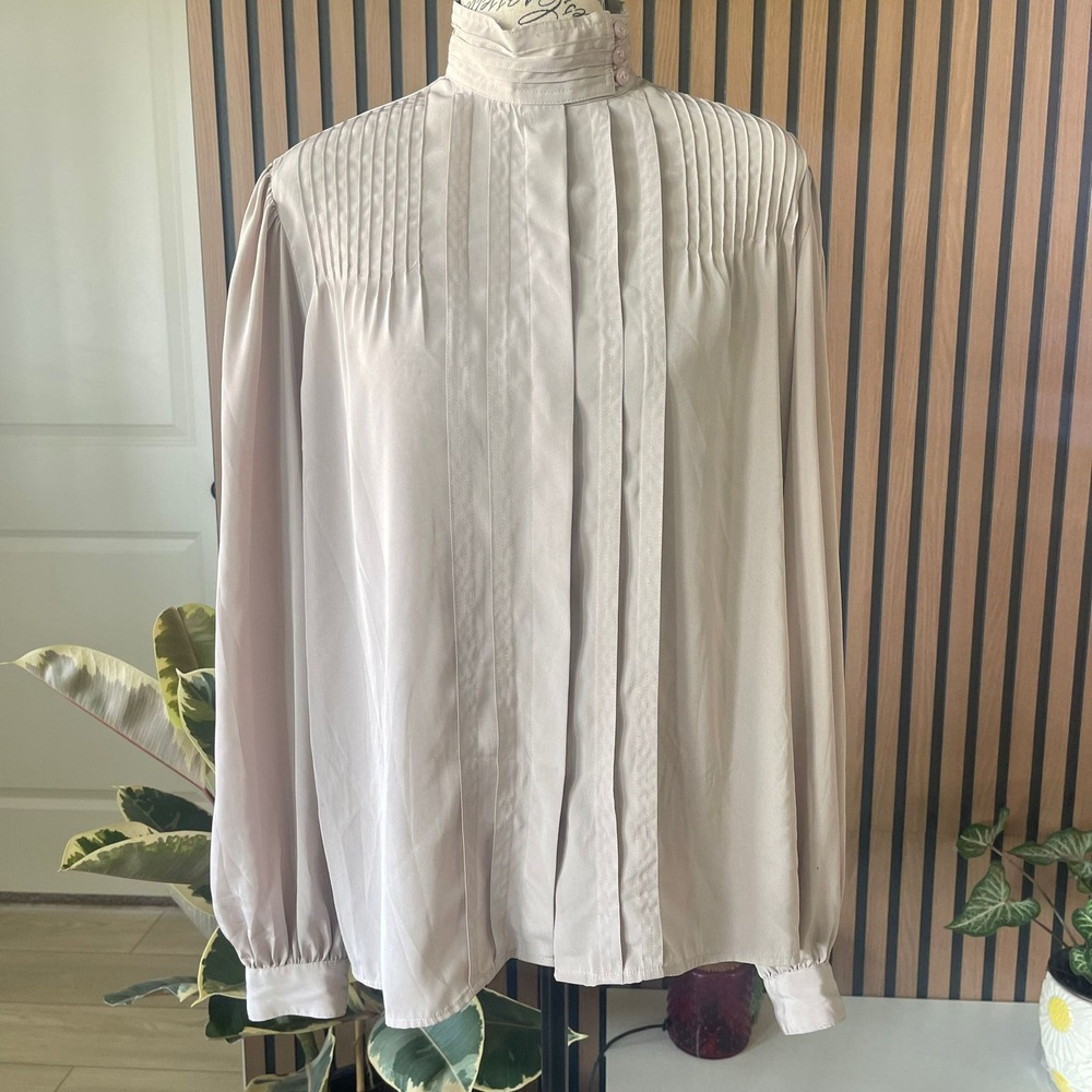 Vintage Alexandria Pleated High Neck Blouse Long Sleeve Women's Size‎ 14